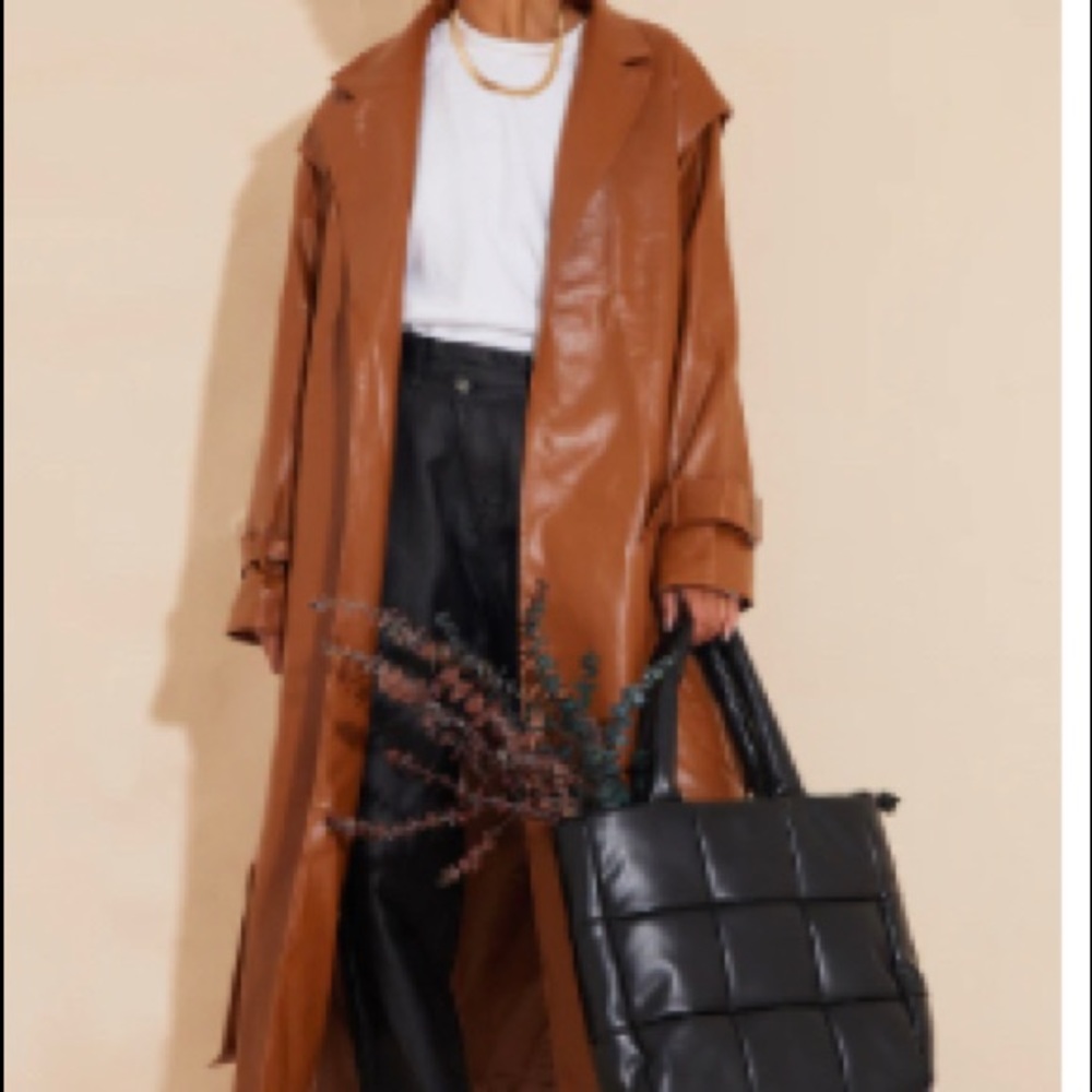 Camel faux leather trench coat